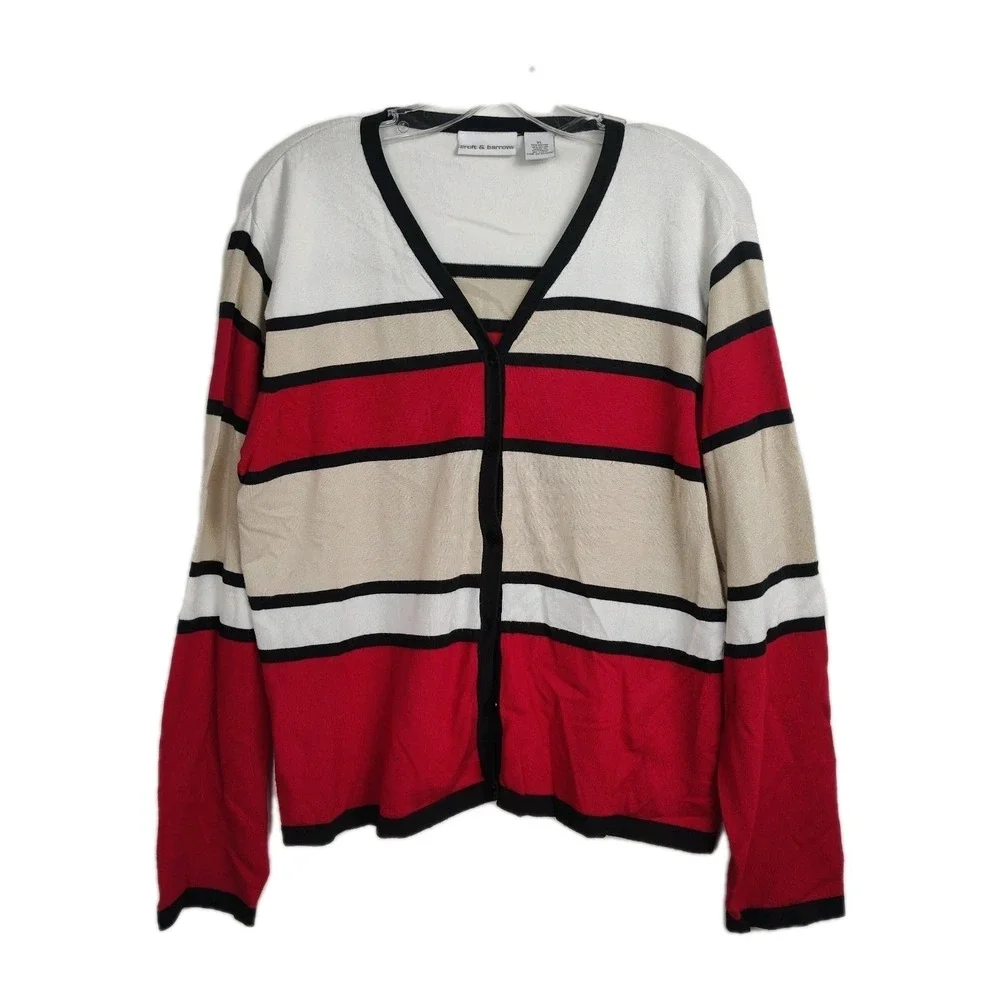 Croft & Barrow Cardigan Women's XL Red/Tan/White Colorblock Full-Button 3/4-Slvs