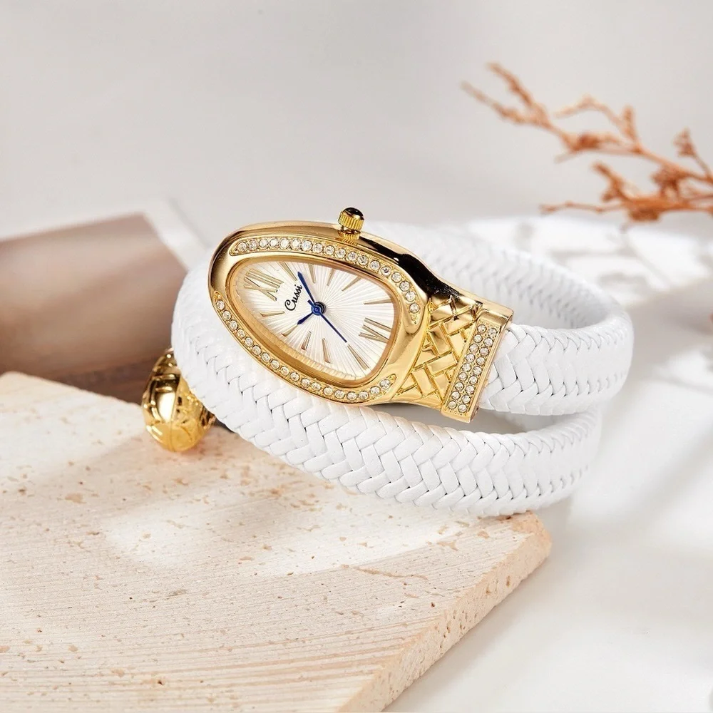 Serpenti Style Wrap Watch – White Faux Leather | Gold Tone | White Dial