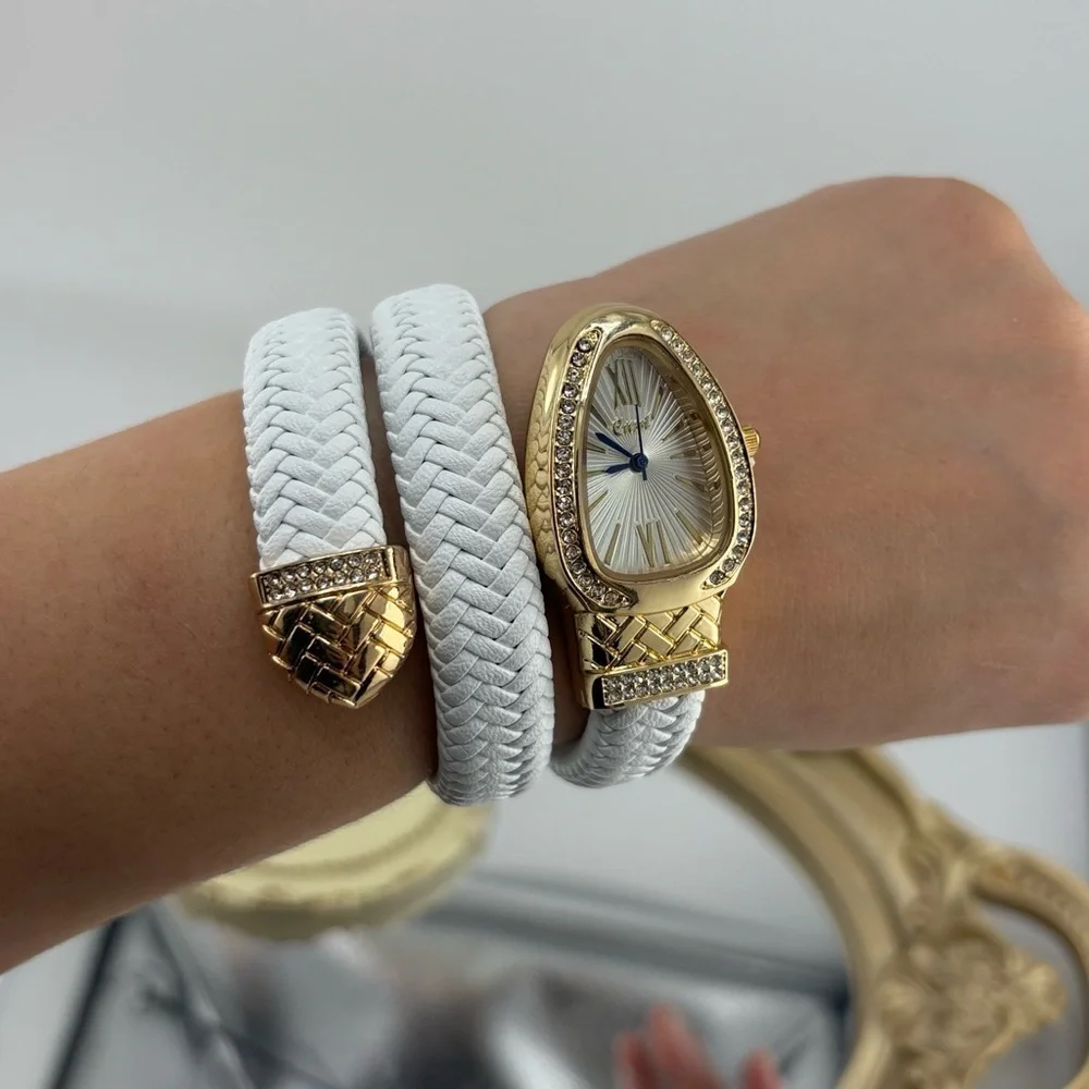 Serpenti Style Wrap Watch – White Faux Leather | Gold Tone | White Dial