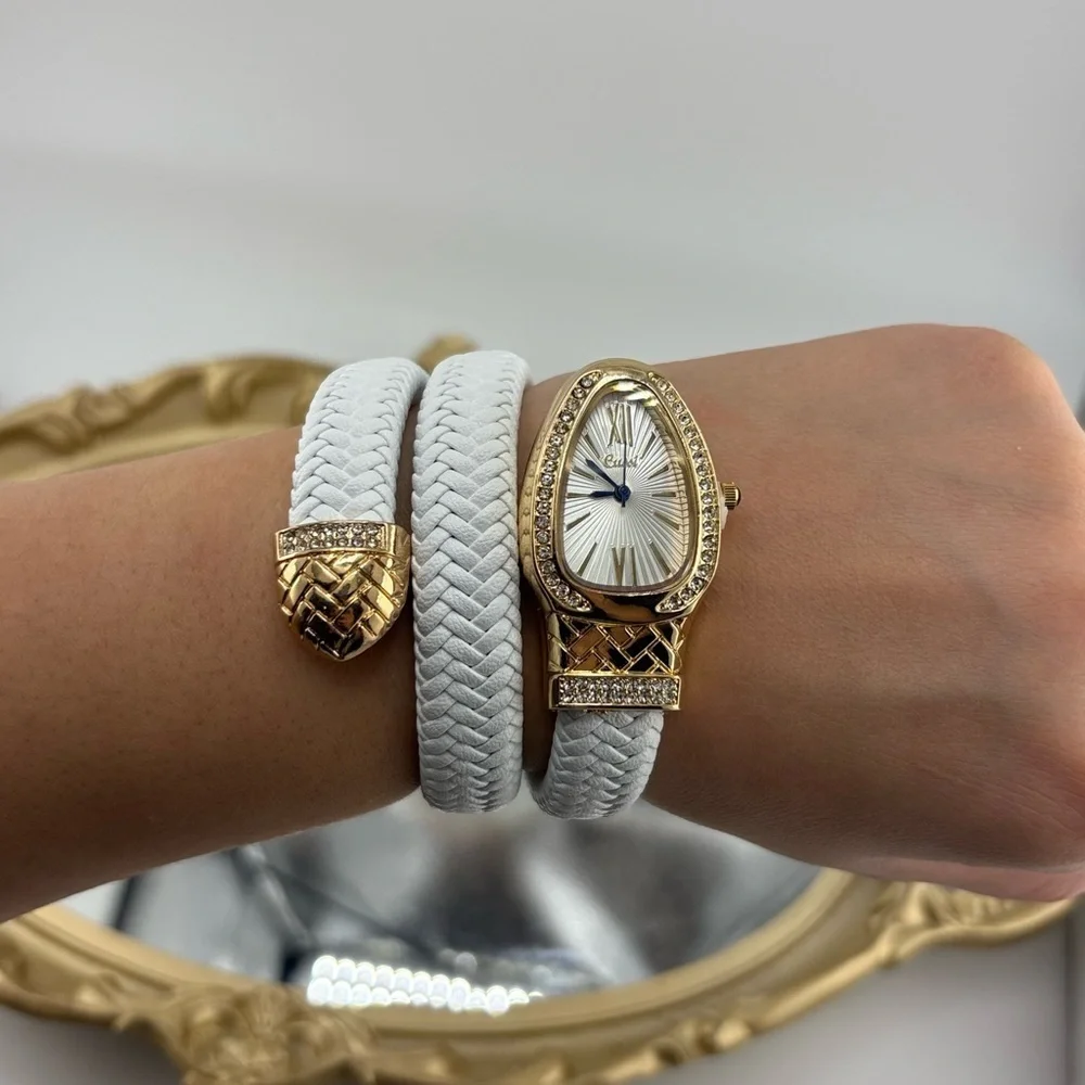 Serpenti Style Wrap Watch – White Faux Leather | Gold Tone | White Dial