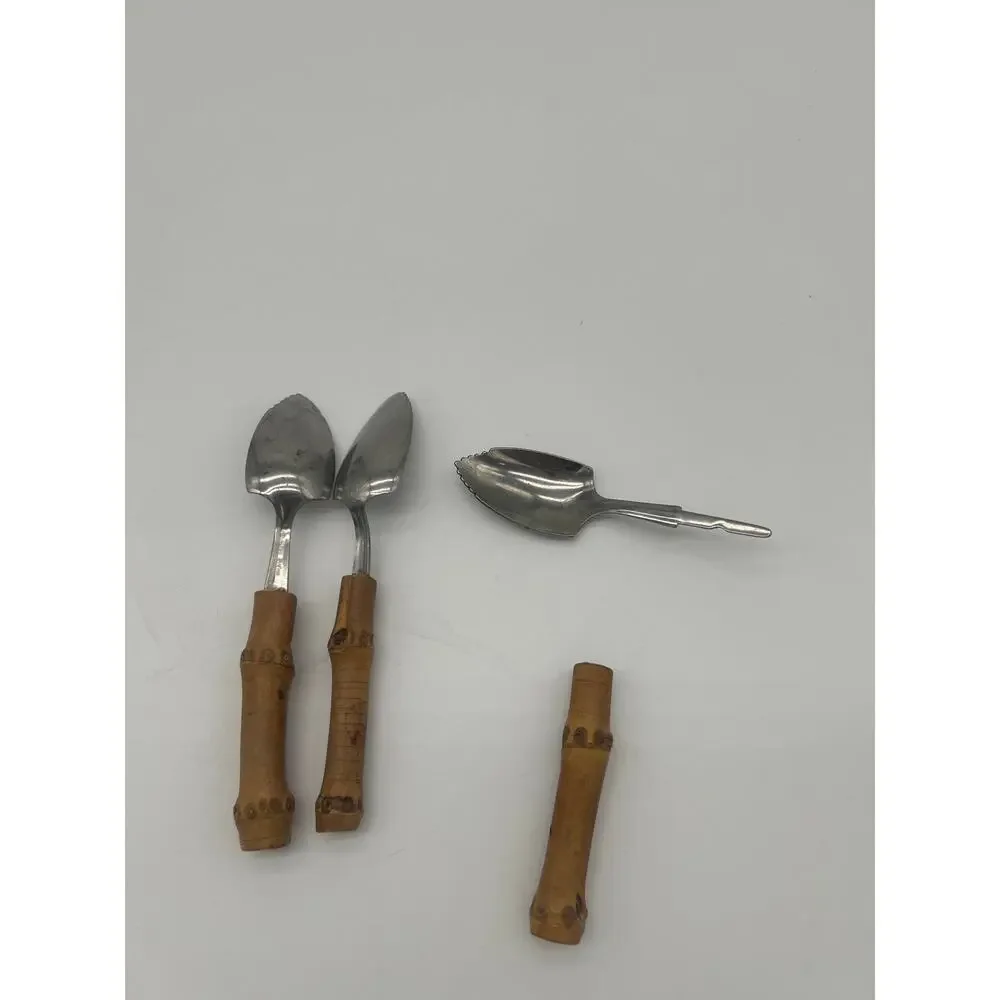 Vintage Japan Stainless Grapefruit Spoons Serrated Bamboo MCM Tiki Set of 3
