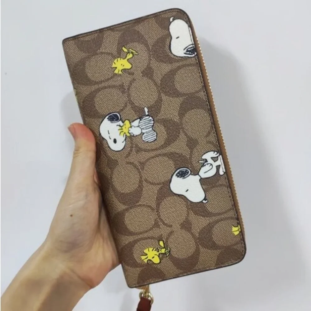 Coach Brown Signature Canvas Zip Wallet with Snoopy & Woodstock Print