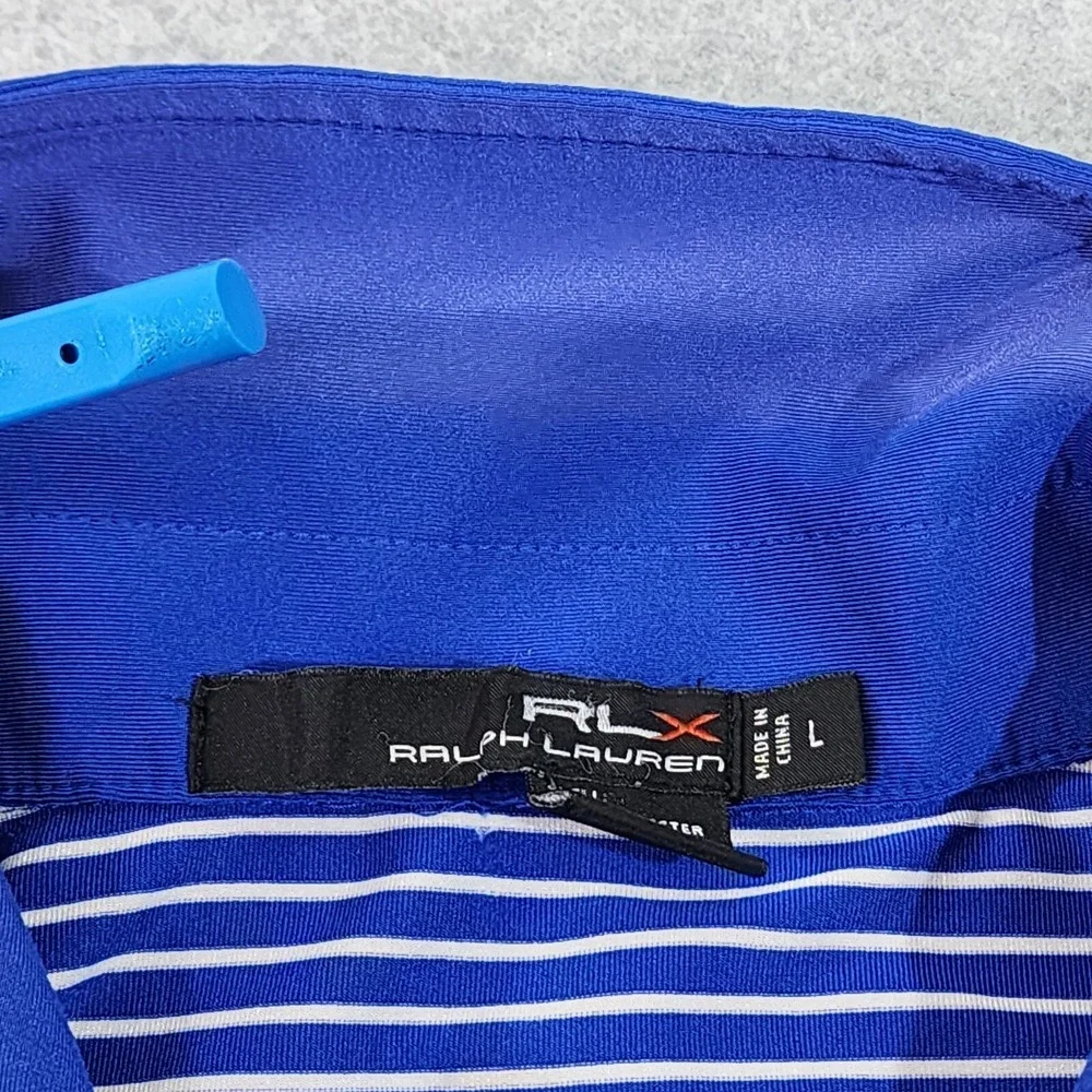Ralph Lauren RLX Polo Mens Size Large‎ Blue Stripe Button Shirt Flaw On Collar.