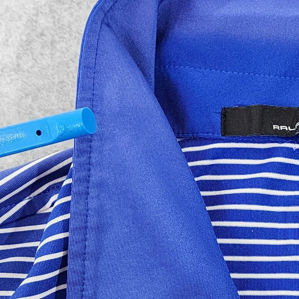 Ralph Lauren RLX Polo Mens Size Large‎ Blue Stripe Button Shirt Flaw On Collar.