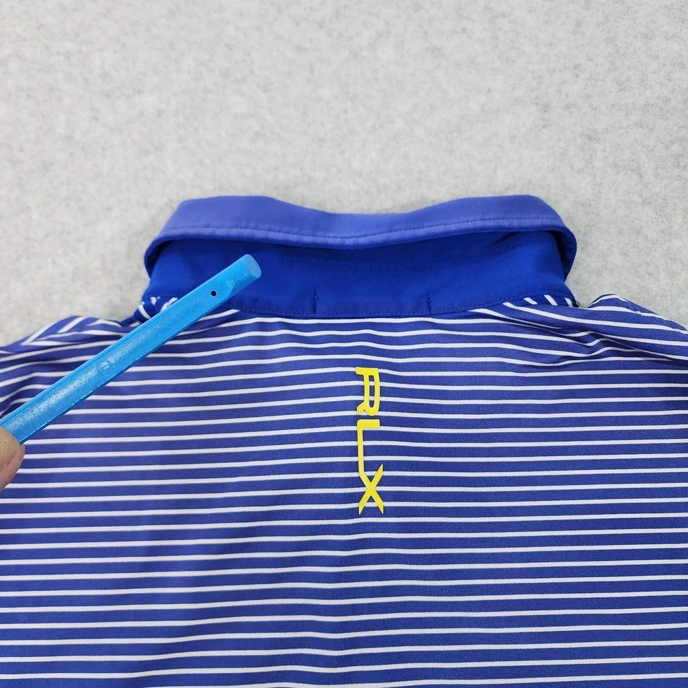 Ralph Lauren RLX Polo Mens Size Large‎ Blue Stripe Button Shirt Flaw On Collar.