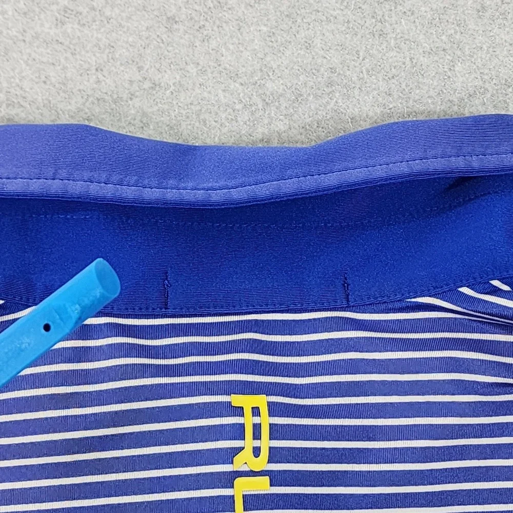 Ralph Lauren RLX Polo Mens Size Large‎ Blue Stripe Button Shirt Flaw On Collar.