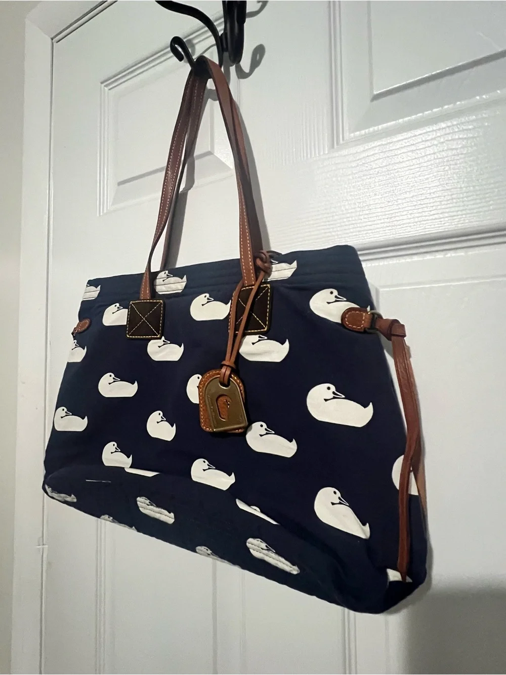 Dooney & Bourke Navy Tote with White Duck Print and Brown Leather Straps