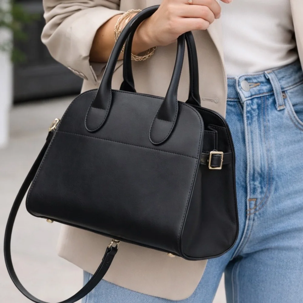 Black Structured Top Handle Tote Bag Crossbody Minimal Quiet‎ Luxury Style EUC