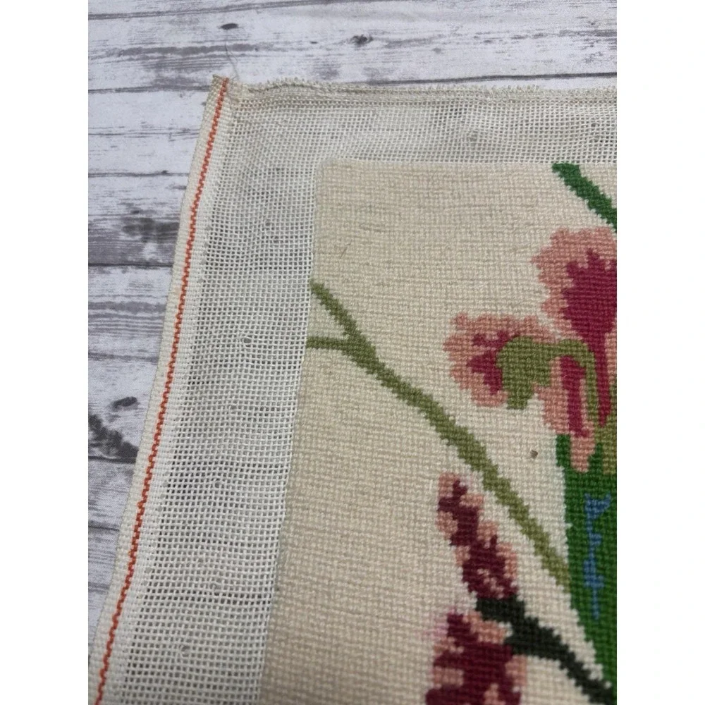 Original Vintage Hand Embroidery Yarn Needlepoint Pansies Flower 14x17