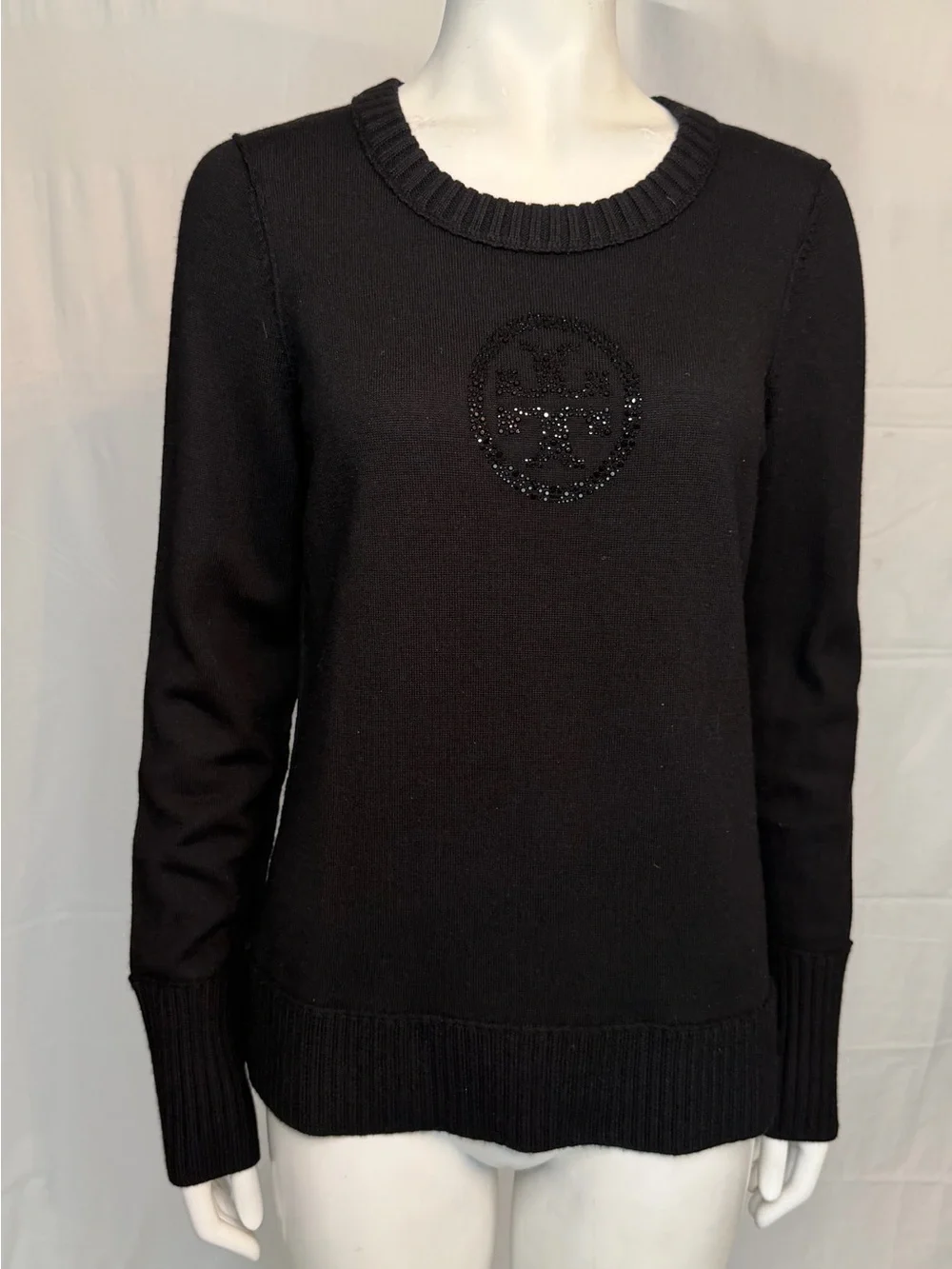 Tory Burch Black Crewneck Sweater with Beaded Logo