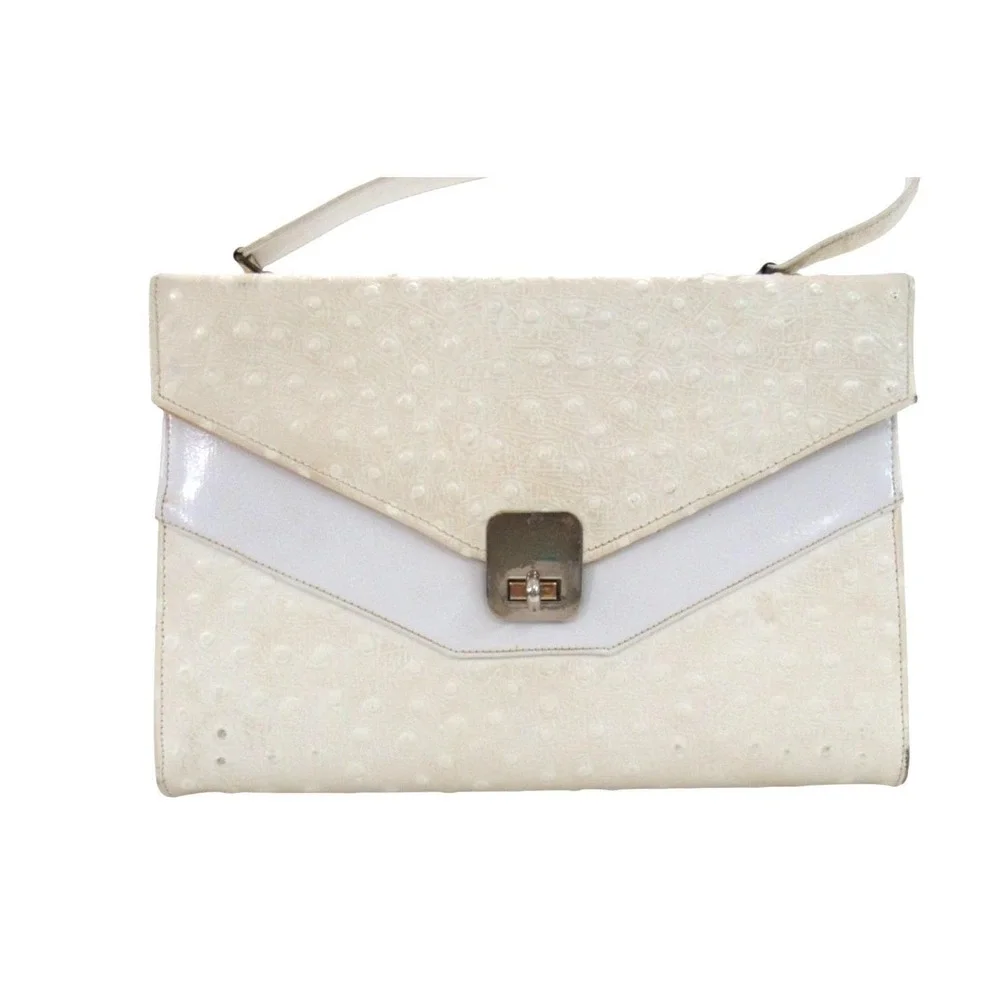 Vtg TOWN & COUNTRY Off-White Faux Leather Ostrich Print Top Handle Box PURSE/Bag