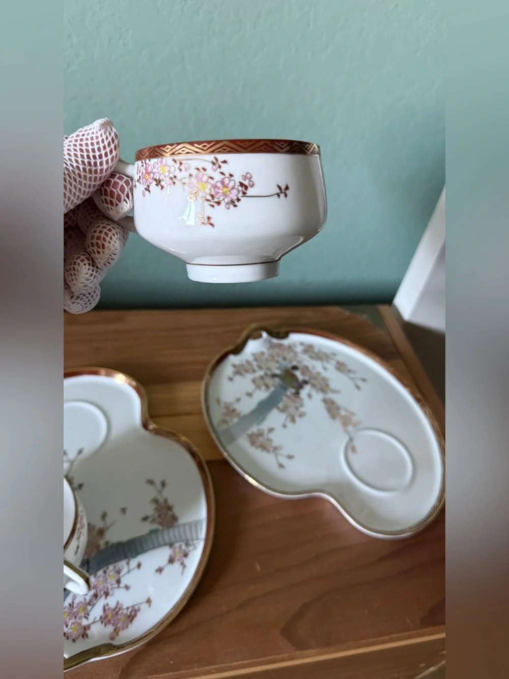Vintage Koshida Japan Hand Painted Geisha Lithophane Snack Set w/ Nasco Spoons