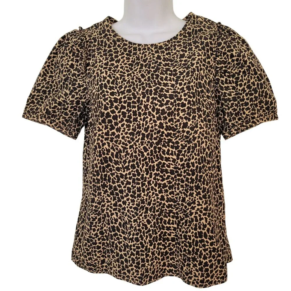J Crew XS Leopard‎ Print Short Sleeve Top Cotton Puff Sleeve