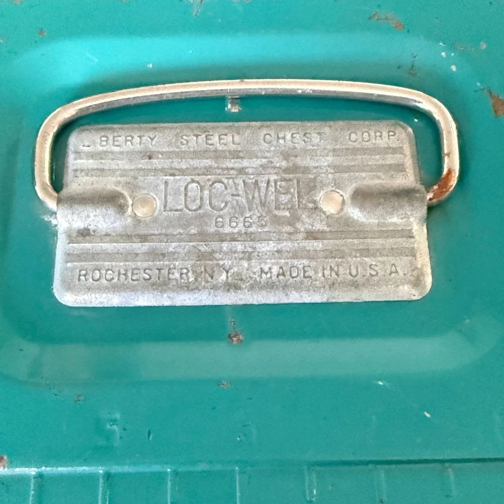 Vintage Liberty Loc-Wel 6665 Metal Toolbox Ruler Lid Teal Steel Chest USA Made