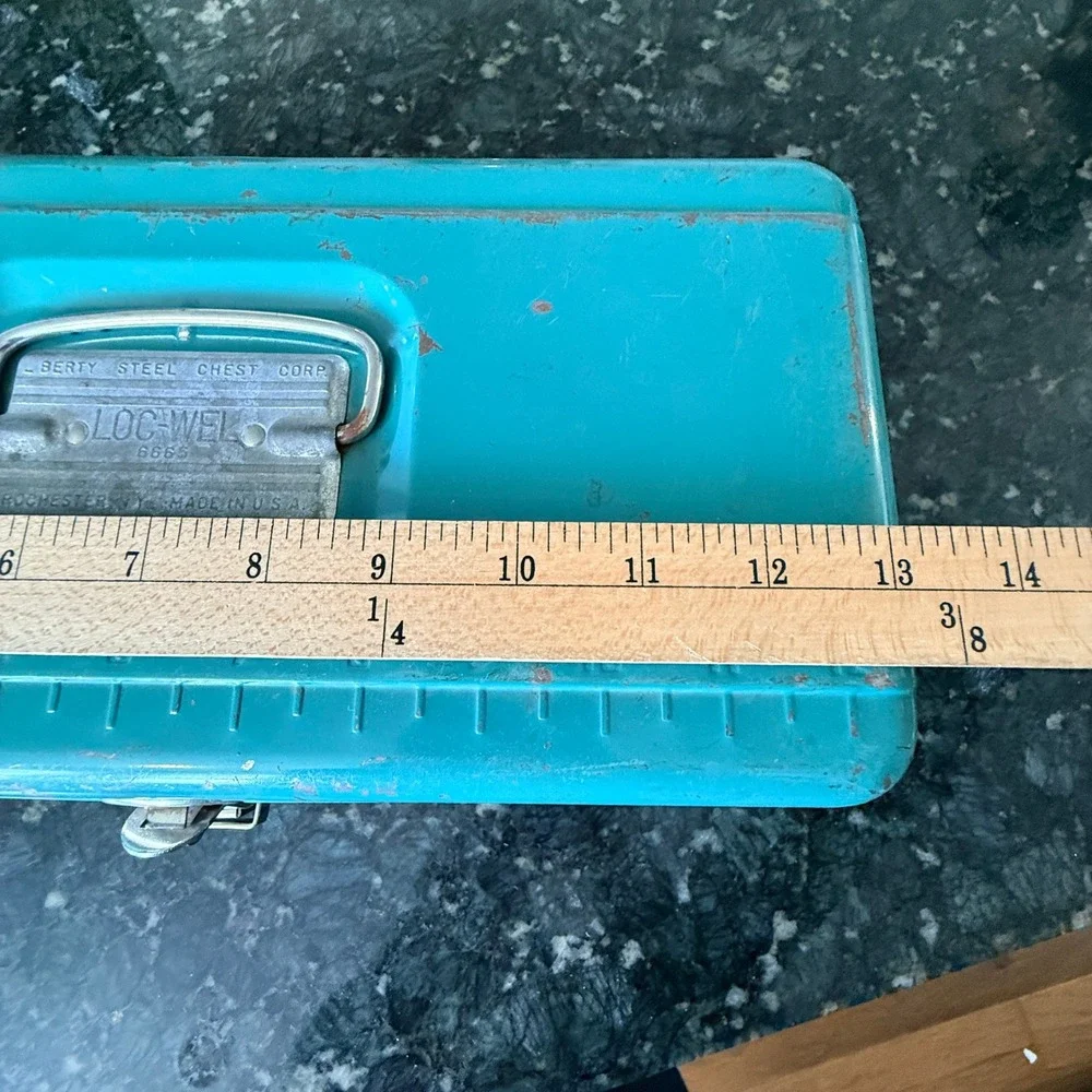 Vintage Liberty Loc-Wel 6665 Metal Toolbox Ruler Lid Teal Steel Chest USA Made