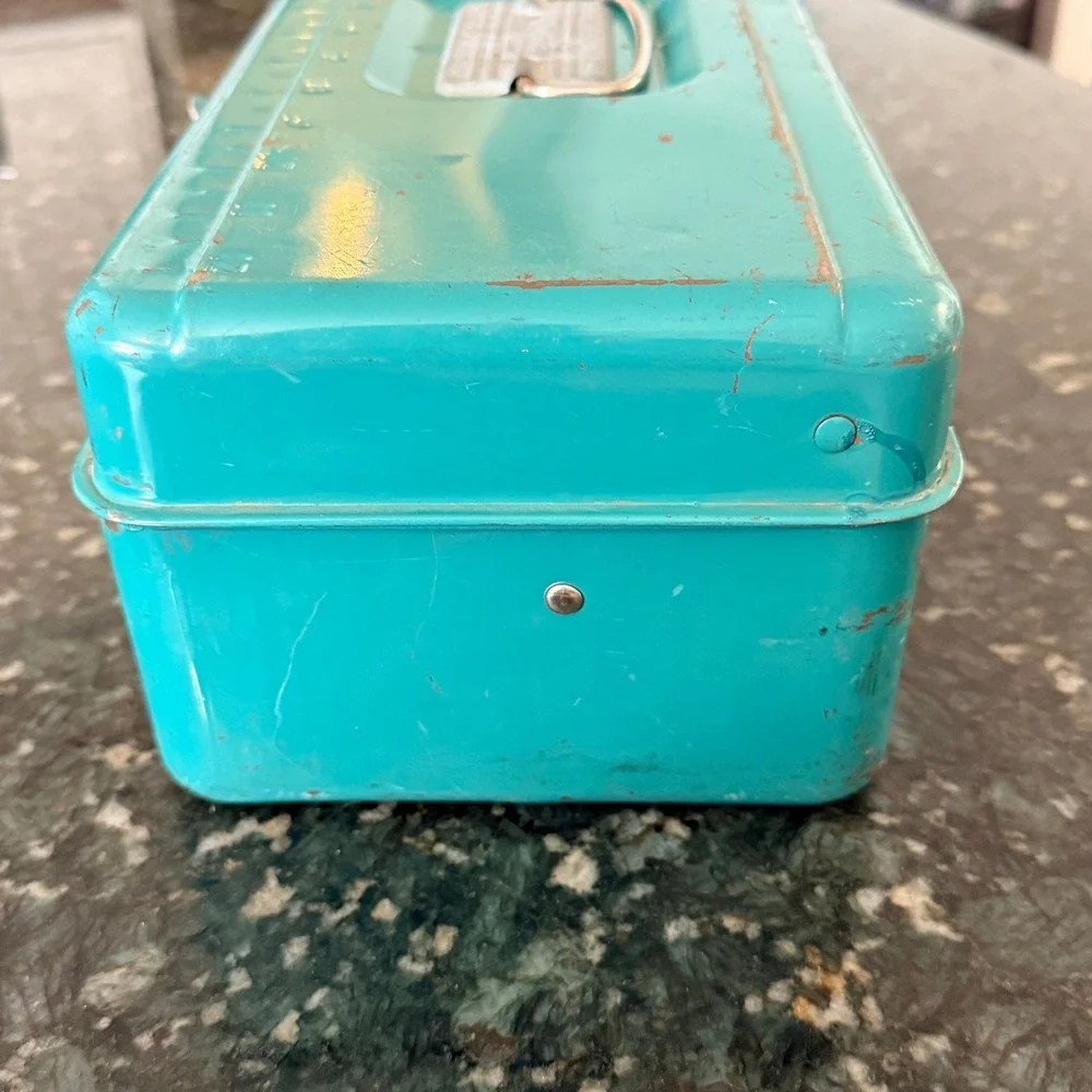 Vintage Liberty Loc-Wel 6665 Metal Toolbox Ruler Lid Teal Steel Chest USA Made