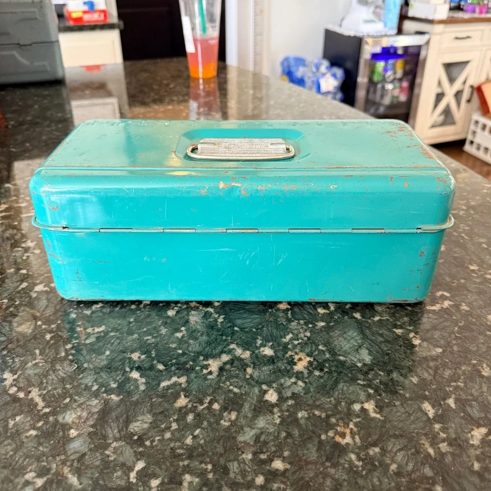 Vintage Liberty Loc-Wel 6665 Metal Toolbox Ruler Lid Teal Steel Chest USA Made