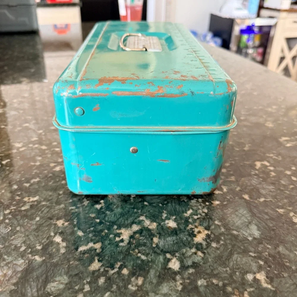 Vintage Liberty Loc-Wel 6665 Metal Toolbox Ruler Lid Teal Steel Chest USA Made