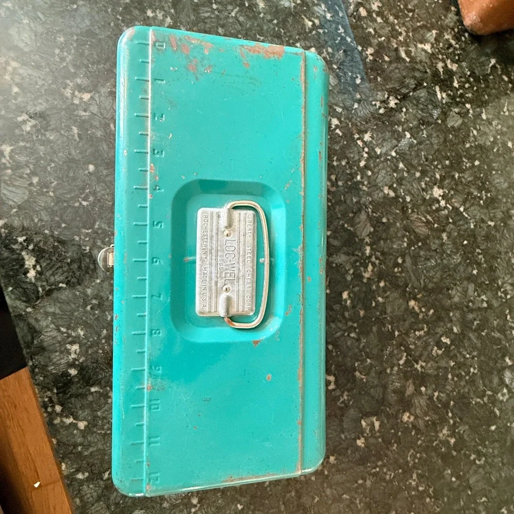 Vintage Liberty Loc-Wel 6665 Metal Toolbox Ruler Lid Teal Steel Chest USA Made