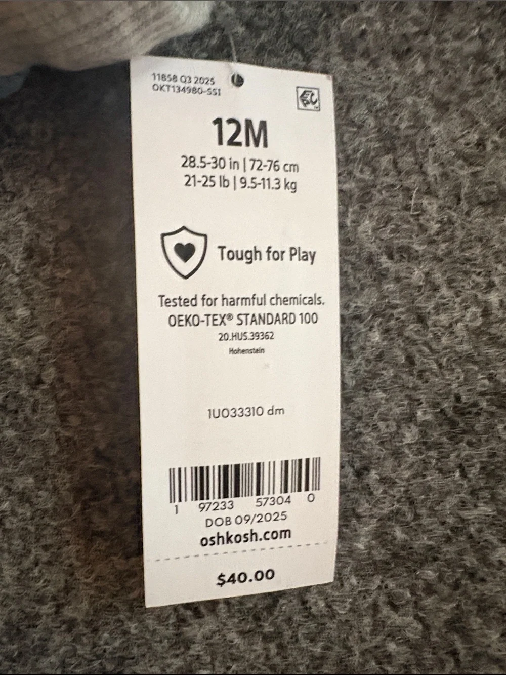 NEW! OshKosh B'gosh Fleece-Lined Light Blue Denim Pants - Size 12 Months