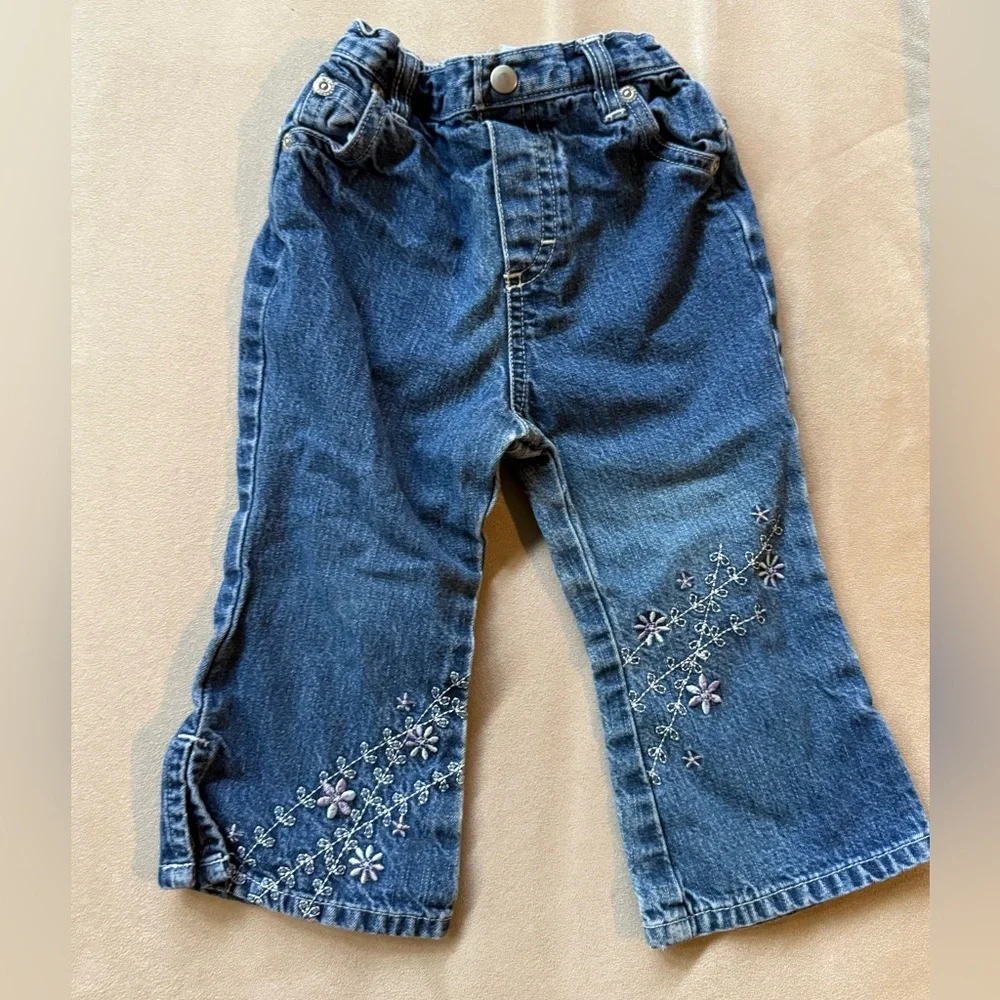 VTG Baby OshKosh B'gosh Blue Jeans with‎ Floral Embroidery Size 18mo