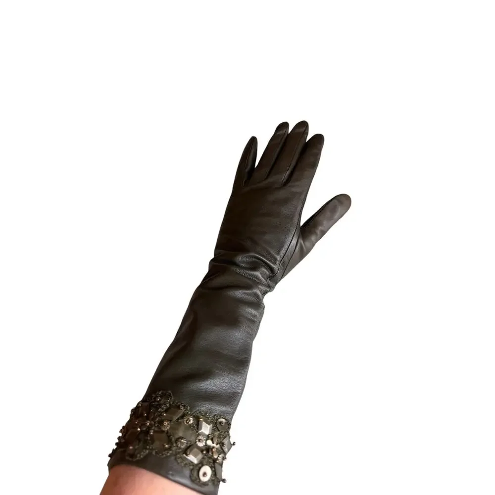 Carlisle Per Se Lambskin Opera Gloves Olive Brown Studded Trim