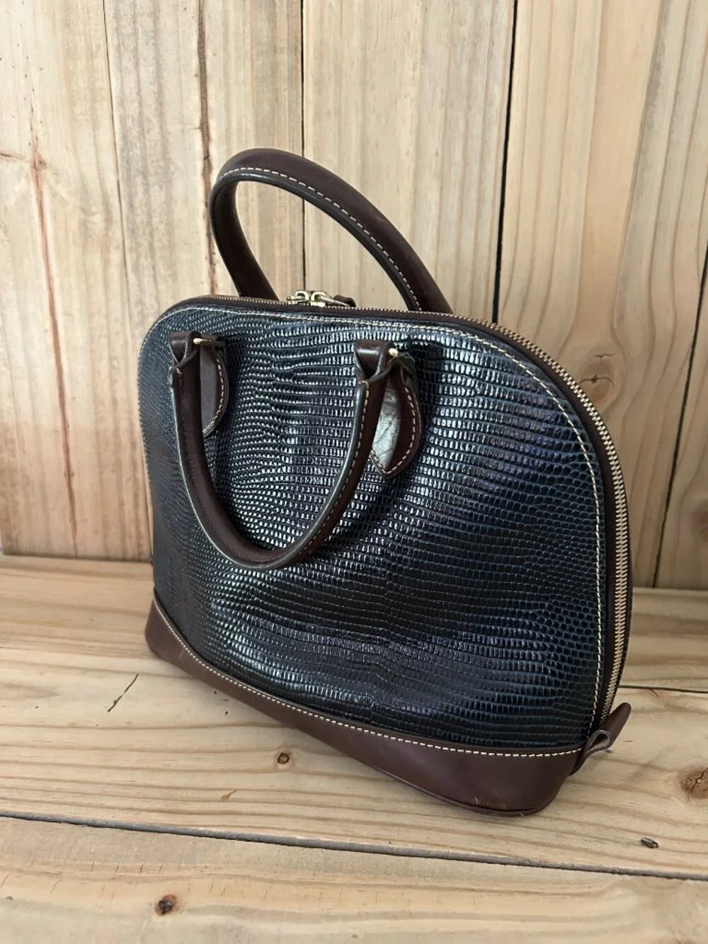 Dooney & Bourke Lizard Embossed Leather Domed Satchel Handbag