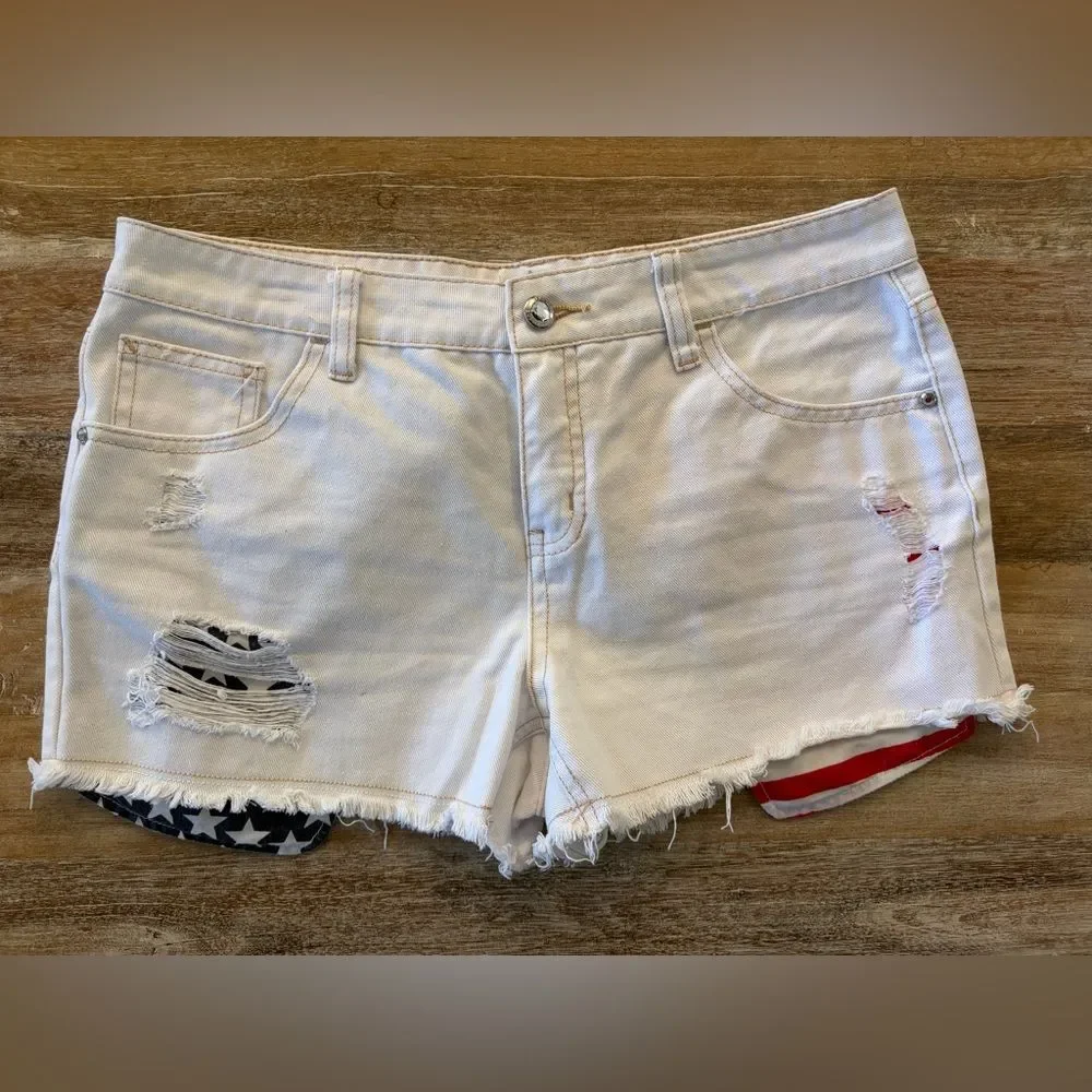 Justice Girls 16 1/2 White Distressed Jean Shorts USA Flag Pockets Stars Stripes