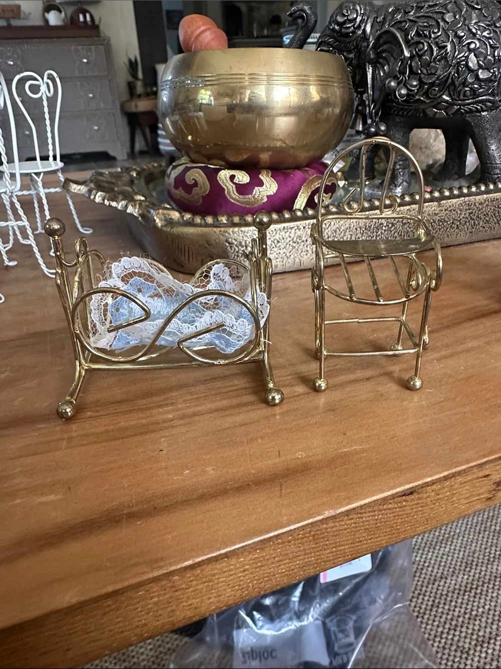 Brass Miniature Doll bassinet and high chair Set