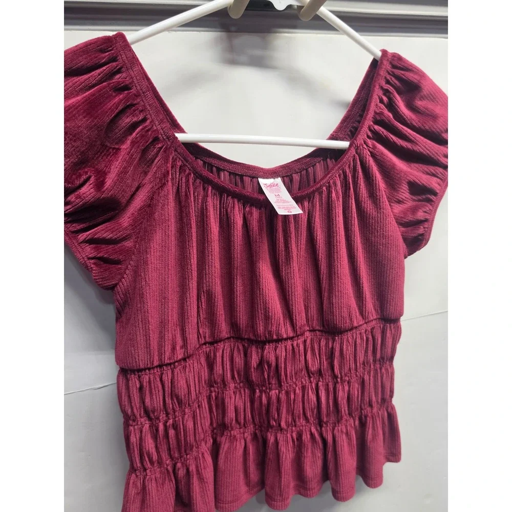 Justice Girls Burgundy Ribbed Velour Smocked Peplum Top Size M 10 Short Sleeve