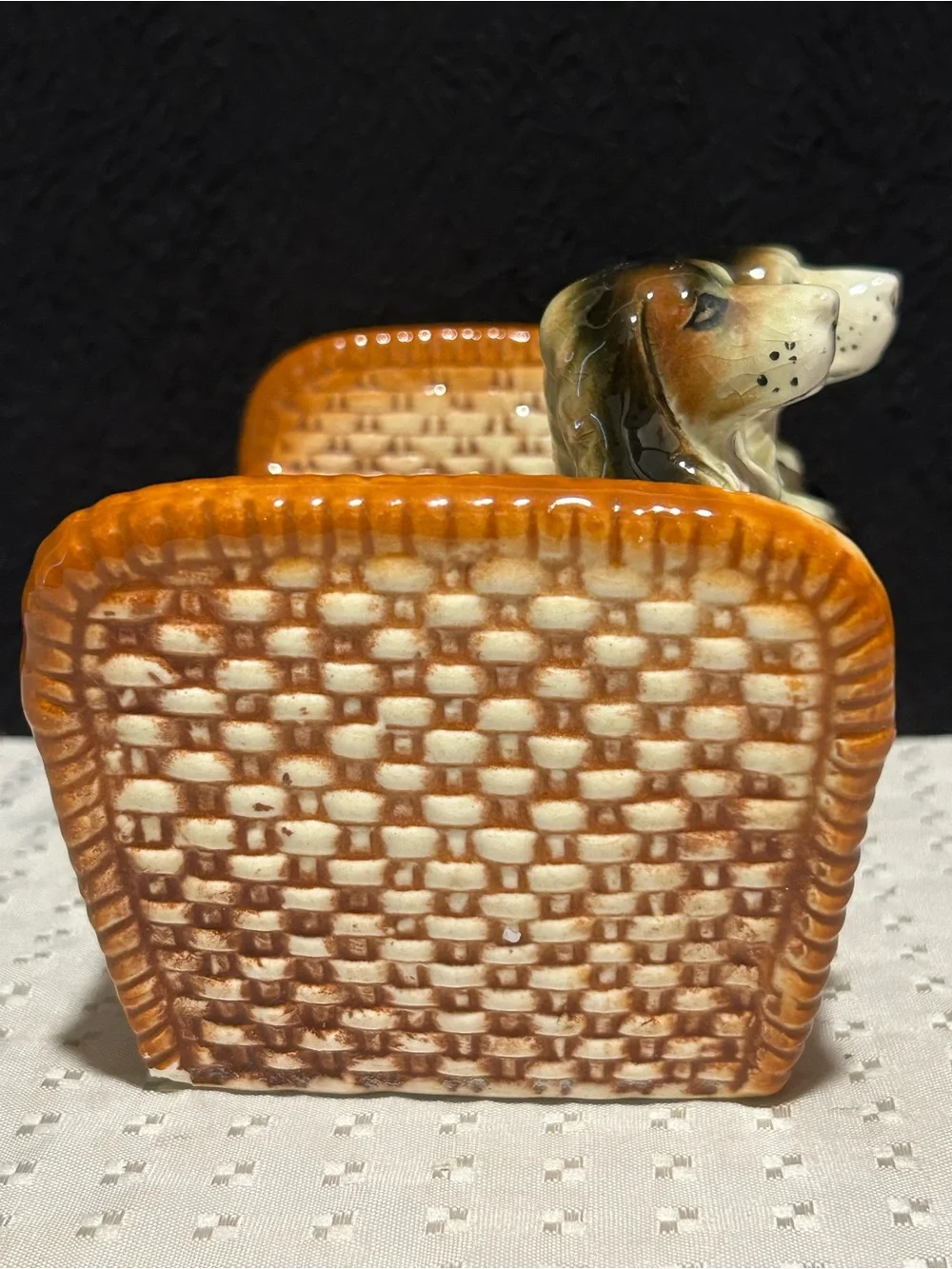 Vintage Napco Spaniel Dog Family Wicker Basket Planter