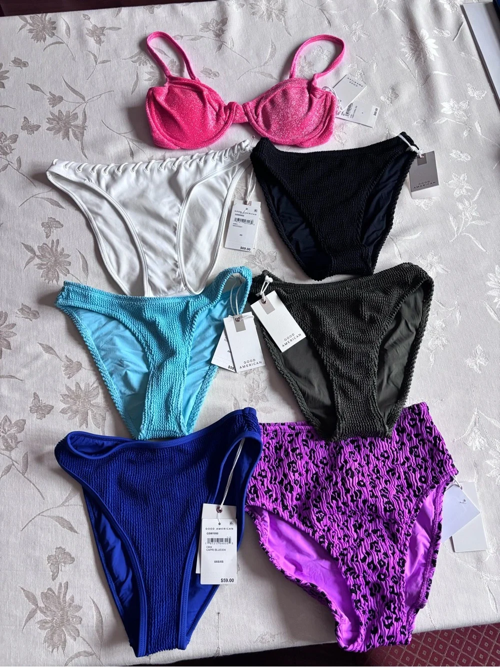 $482 Bundle 8 Pieces NWT Good American Bathing Suit XXS/XS Bikini Bottoms & Tops