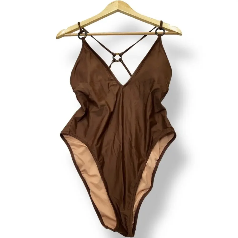 J.Crew O-Ring V-Neck One-Piece Swimsuit Women's 10 Brown Cheeky‎