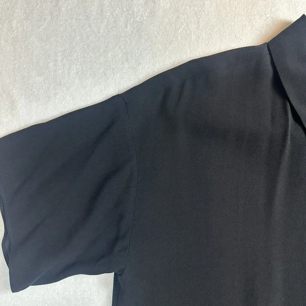 Eileen Fisher 100% SILK Georgette Crepe Notch Collar Dress XS Black‎ f4gc1