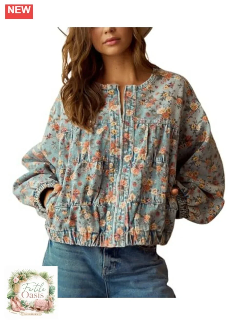 Oversized Floral Denim Bomber Jacket Y2K Trendy Lightweight