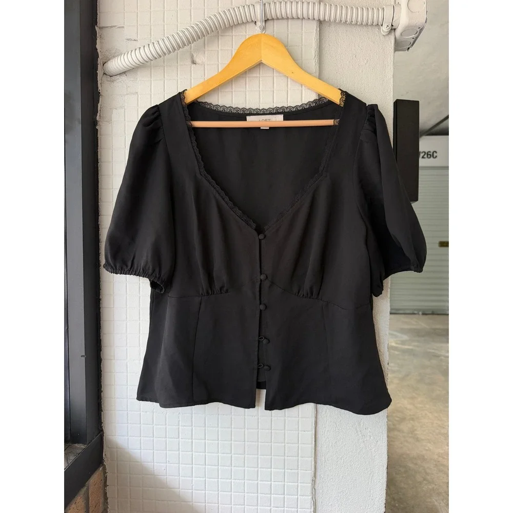 LOFT Black Lace-Trim Puff Sleeve Button Front Top