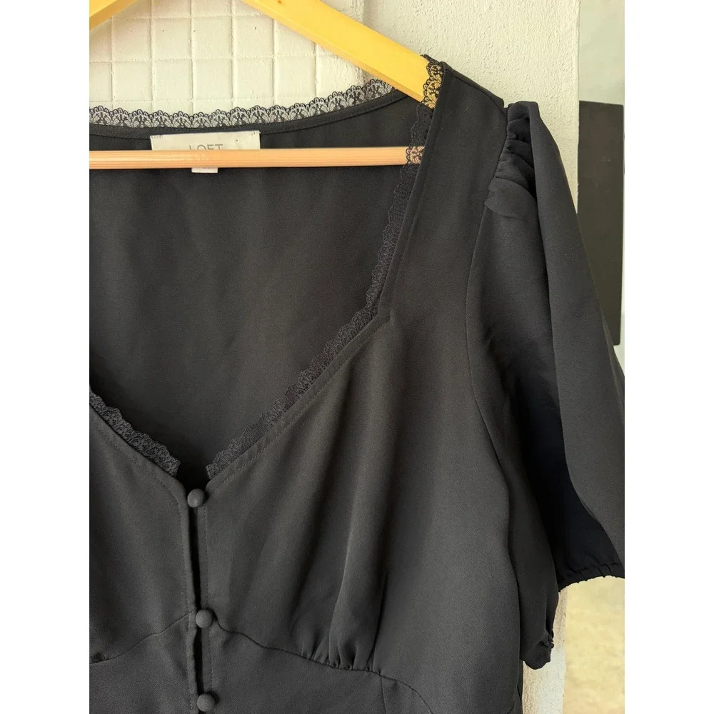 LOFT Black Lace-Trim Puff Sleeve Button Front Top