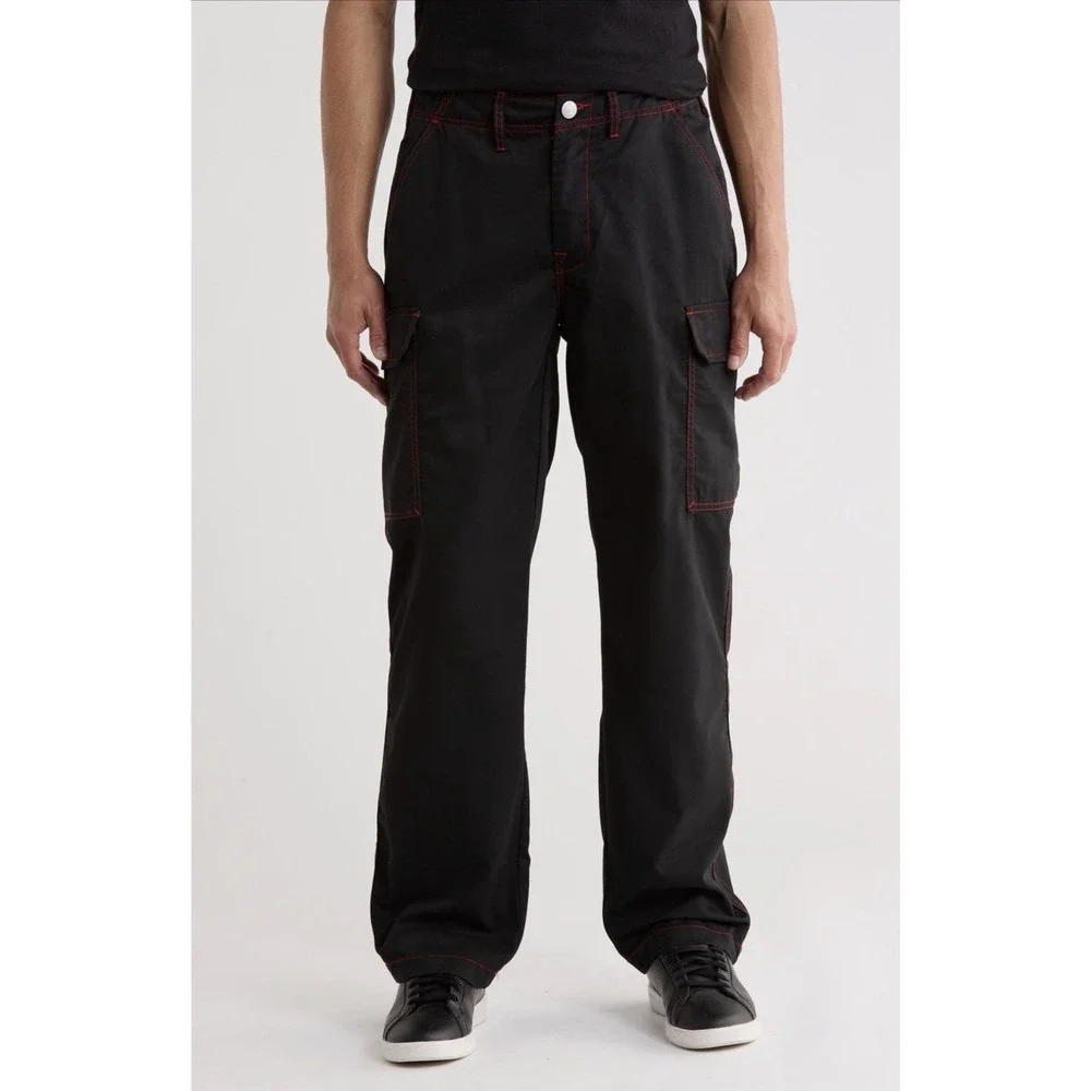True Religion Mens 32 Black Cargo Pants Red Stitch Wide Leg Y2K Streetwear NWT