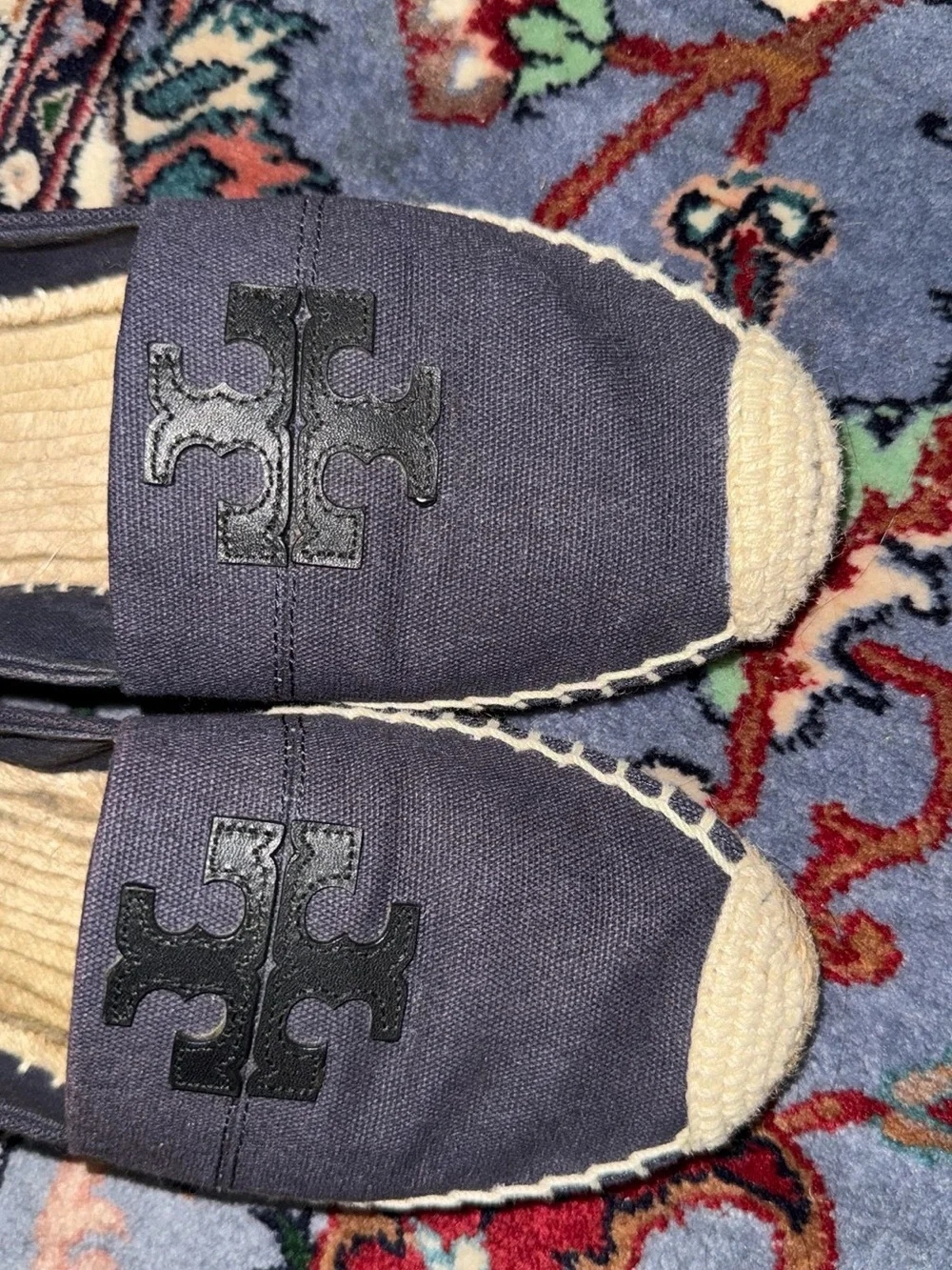 Tory Burch Weston Espadrille Flats Navy Canvas Logo Sz 9