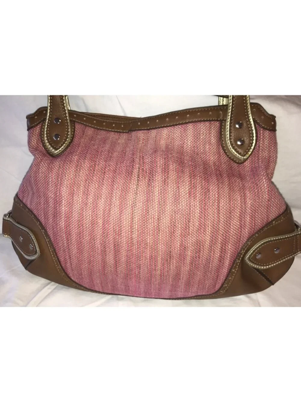 Stone Mountain Bay shore Fuchsia Cloth Tan Leather Trim Hobo Bag