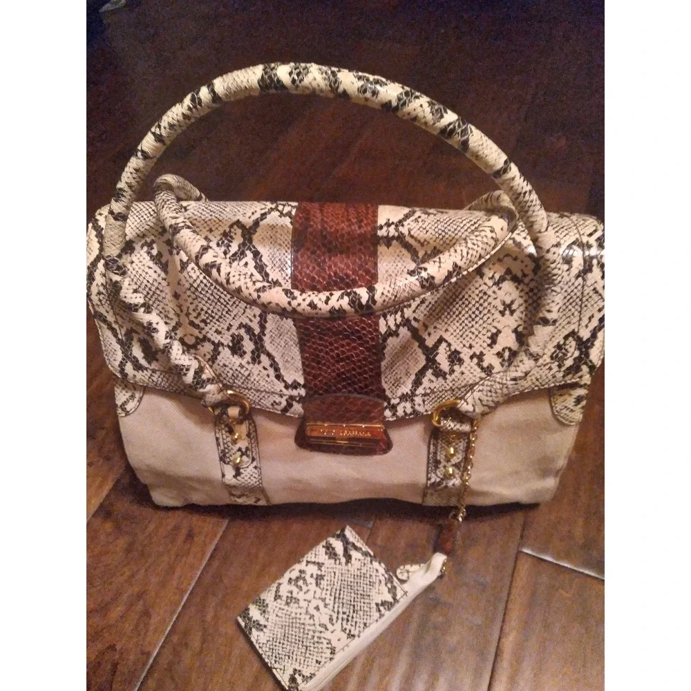 DOLCE &‎ GABBANA Snakeskin Print Satchel Handbag Brown Trim Card Case