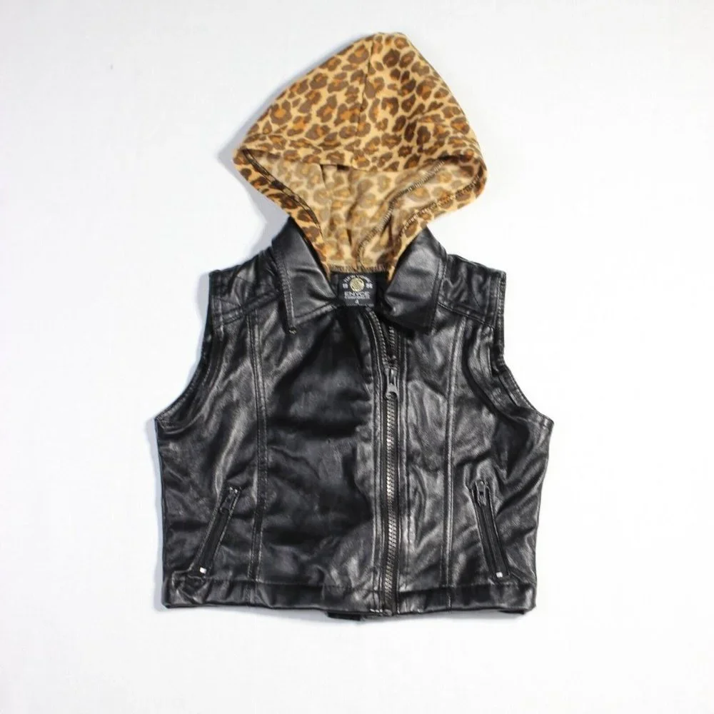 Enyce Black Faux Leather Sleeveless Zipper Pockets Hooded Full Zip Jacket Sz 4‎