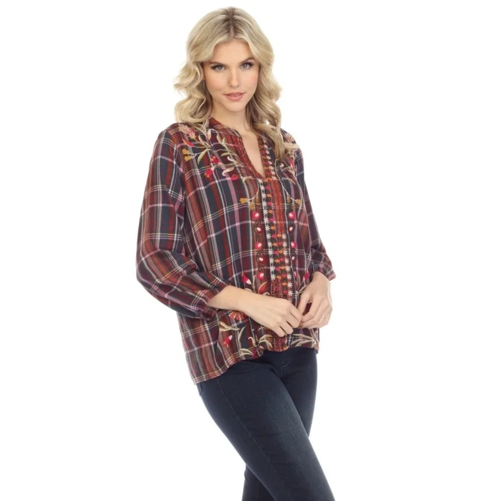 Johnny Was Top Rosalva Paris Blouse Plaid Embroidered Workshop Boho Women's XS
