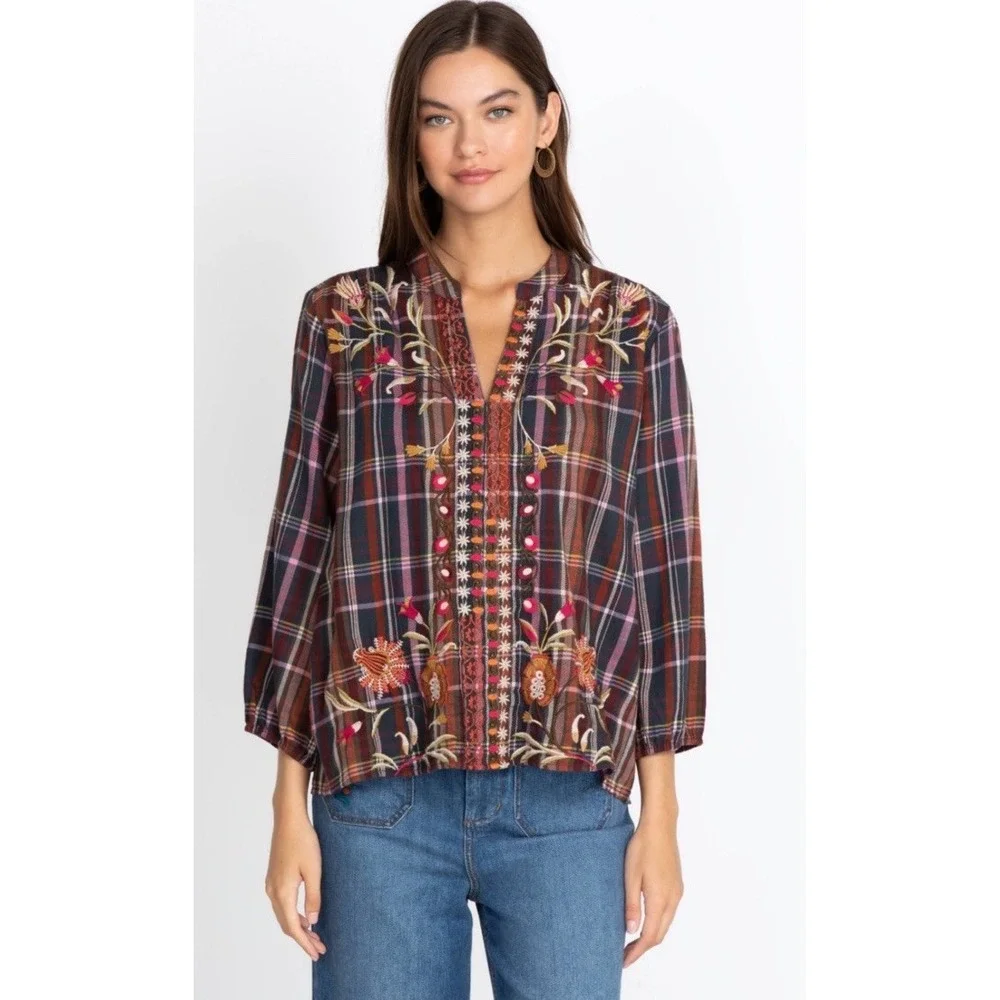 Johnny Was Top Rosalva Paris Blouse Plaid Embroidered Workshop Boho Women's XS