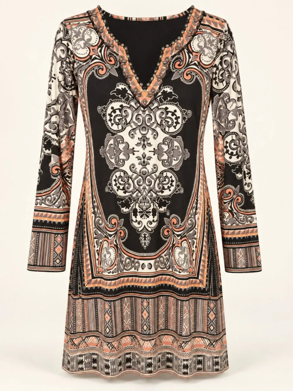 Hale Bob NWT Beaded Paisley Border Print Long Sleeve Dress L