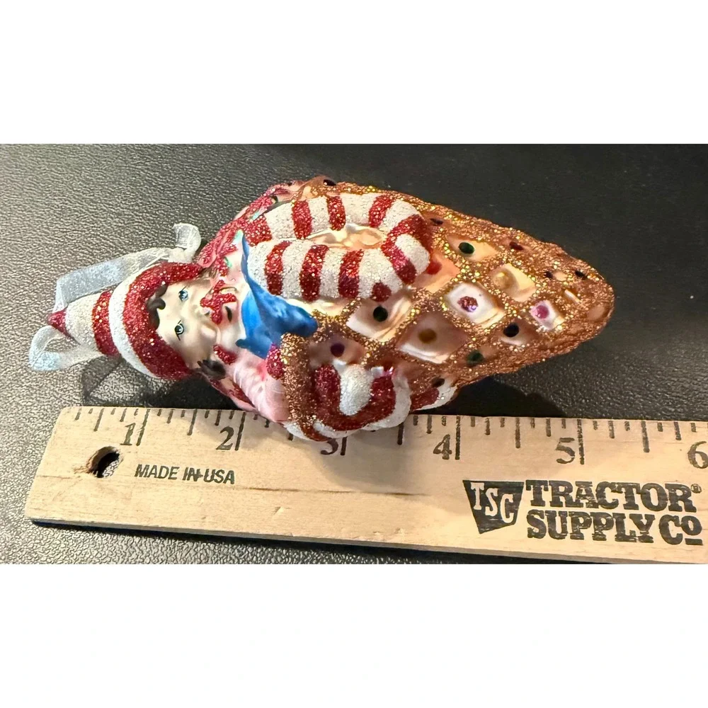 Christmas Holiday Ornament Girl in Ice Cream‎ Waffle Cone Glitter Glass